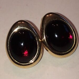 Avon Vintage Gold Tone and Red Cabochon Teardrop Earrings